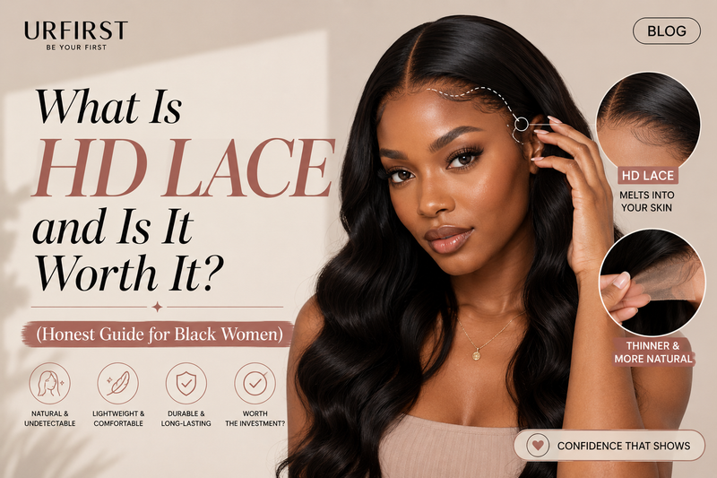 What Is HD Lace and Is It Worth It? Honest Guide for Black Women featuring a model wearing a natural-looking HD lace wig with an invisible hairline and body wave hairstyle.