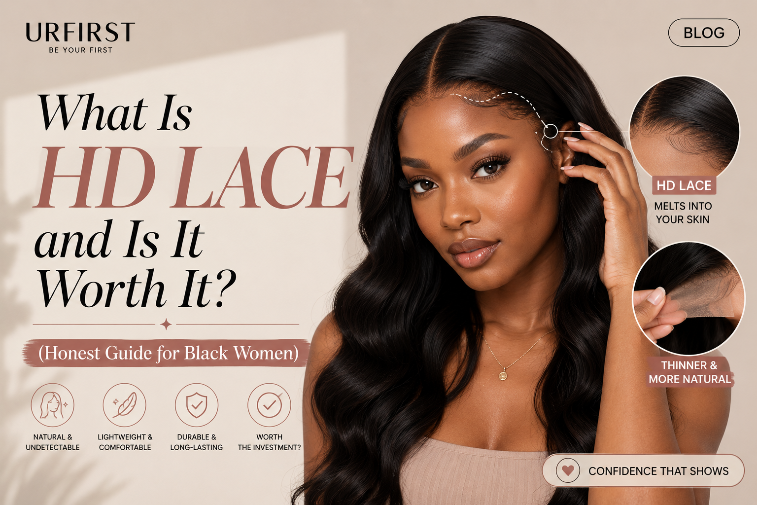 What Is HD Lace and Is It Worth It? Honest Guide for Black Women featuring a model wearing a natural-looking HD lace wig with an invisible hairline and body wave hairstyle.