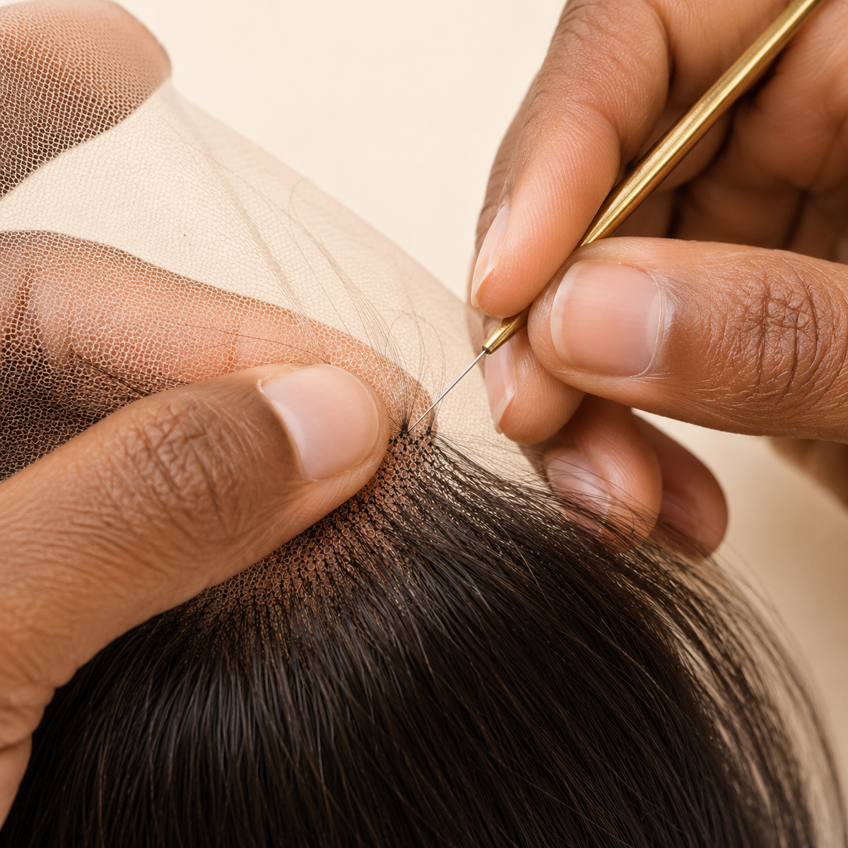 URFIRST hand-knotted HD lace wig craftsmanship - individual hair strands tied onto Swiss lace by hand