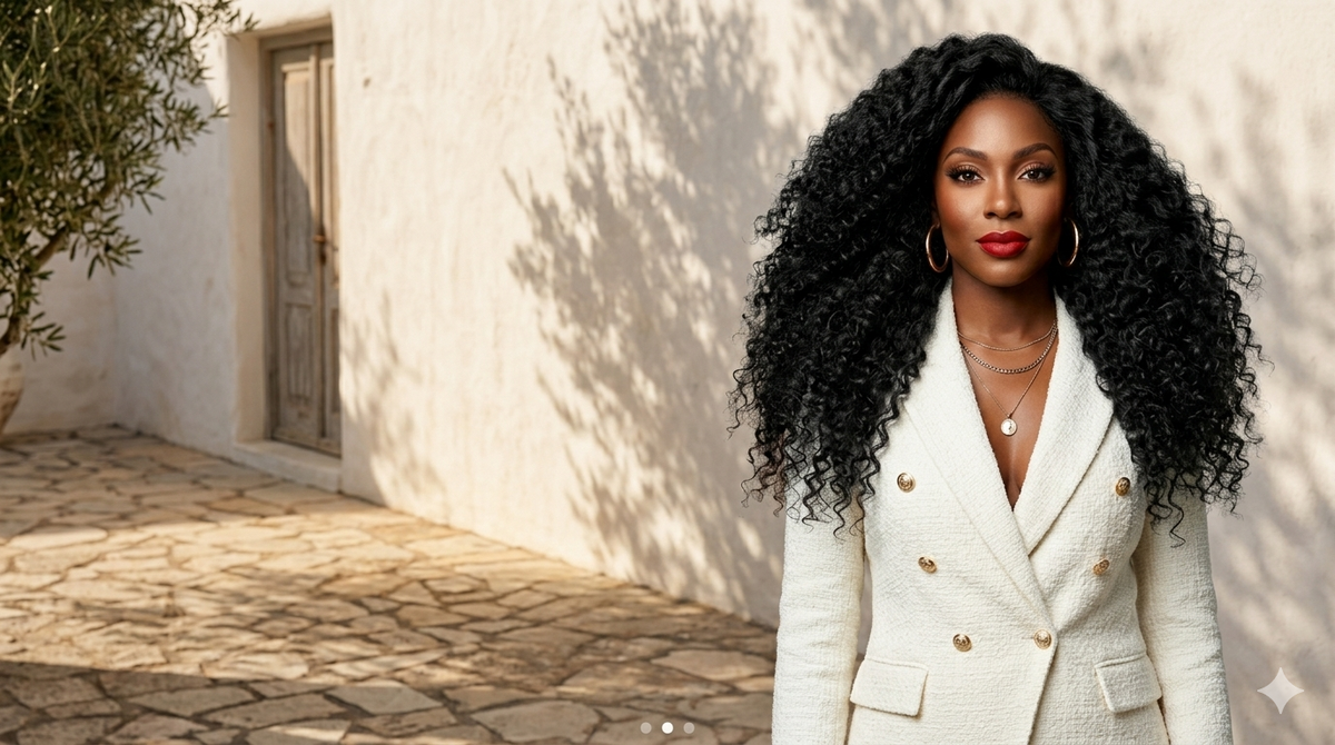 URFIRST brand lifestyle - confident woman wearing natural curly wig in Mediterranean setting